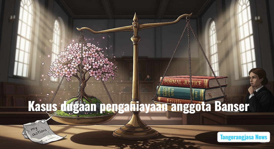 Ilustrasi penegakan hukum yang adil melalui simbol timbangan keadilan di depan Mapolres Metro Tangerang Kota terkait kasus dugaan penganiayaan anggota Banser.