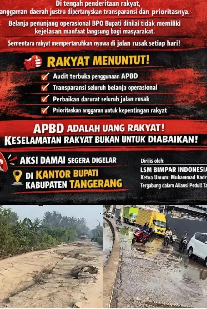 Dokumentasi aksi damai aktivis di depan Kantor Bupati Tangerang dengan spanduk tuntutan perbaikan jalan dan transparansi anggaran operasional.