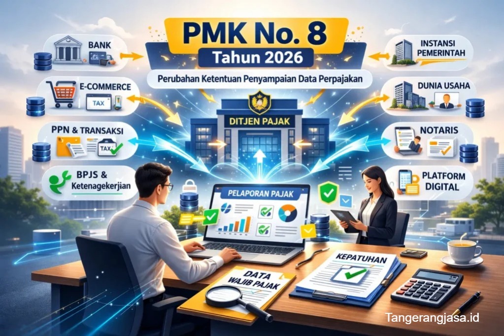 Ilustrasi integrasi data digital antara pemerintah daerah dan Direktorat Jenderal Pajak menggunakan sistem awan (cloud computing).