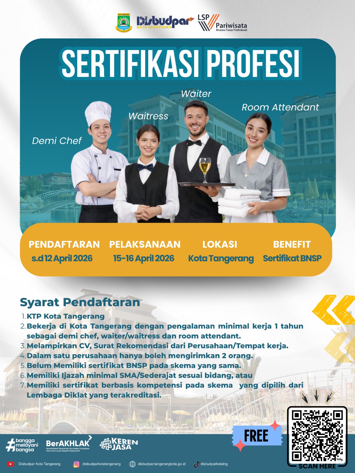 Poster pengumuman pelatihan sertifikasi profesi perhotelan Disbudpar Kota Tangerang dengan logo BNSP.