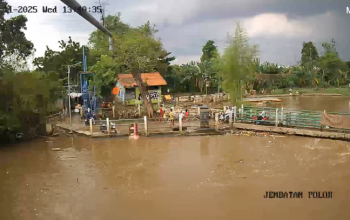 Foto udara kondisi aliran air Kali Angke yang terhambat di sekitar konstruksi Bendungan Polor, Cipondoh, Kota Tangerang