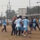 Atmosfer Stadion Mini Kecamatan Solear yang menjadi lokasi pertandingan sepak bola babak semifinal Pekan Olahraga antar Pegawai (POP) antara tim Polresta Tangerang dan DLHK Kabupaten Tangerang.