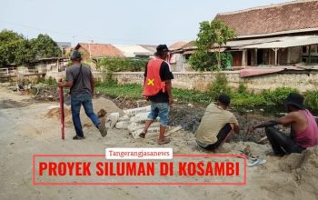 Lokasi pembangunan proyek fisik turap tanpa papan informasi di Kampung Cilampe, Kosambi, Kabupaten Tangerang tahun 2026.